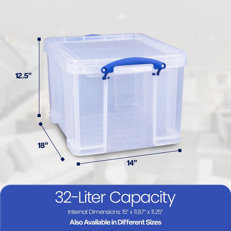 Really Useful Box 32 Liters Storage Bin Container with Snap Lid and Clip Lock Handles for Lidded Home and Office Storage Organization (3 Pack), 3 of 7