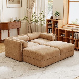 Stylish White Chenille 2-Seater Sofa with 2 Ottoman Storage Seat, Cylindrical Backrest and Armrests - 1 of 4