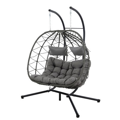 DOMETOUR 2-Person Egg Chair with Stand: Indoor/Outdoor Wicker Hanging Basket for Bedroom, Living Room, Balcony