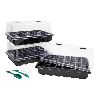 Okuna Outpost 3 Pack 48 Cell Seed Starter Greenhouse Trays with Humidity Dome, Garden Tools & Plant Labels for Indoor Outdoor