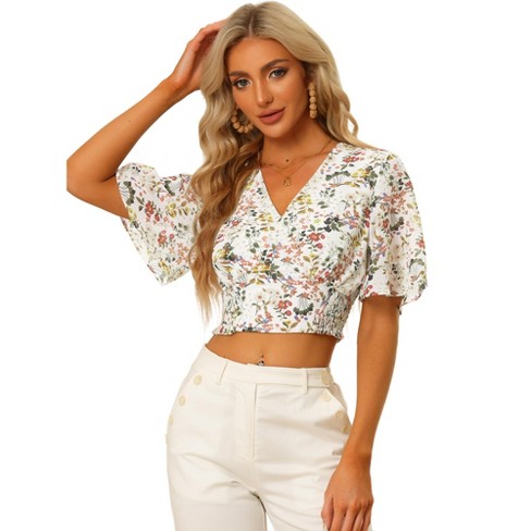 Allegra K Women's Floral Flare Short Sleeve V Neck Summer Smocked Crop Tops  White Medium