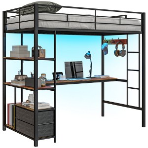 Twin Size Loft Bed with Desk, LED Lights, Charging Station, Twin Metal Loft Bed Frame with Storage - 1 of 4