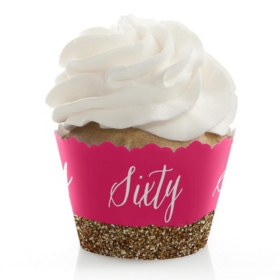 Big Dot of Happiness Chic 60th Birthday - Pink and Gold - Birthday Party Decorations - Party Cupcake Wrappers - Set of 12