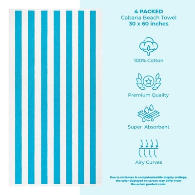 Turquoise Blue and White Cotton Cabana Striped Beach Towels, 30x60 inches, 4-Pack
