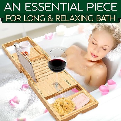 Adjustable Natural Bamboo Bathtub Caddy Tray with Wine Holder
