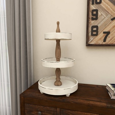 Distressed White and Brown Wood 3-Tier Round Serving Tray