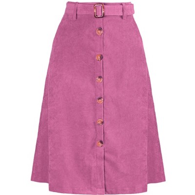 Allegra K Women's High Waist Solid Button Front A-Line Belted Corduroy Midi Skirt