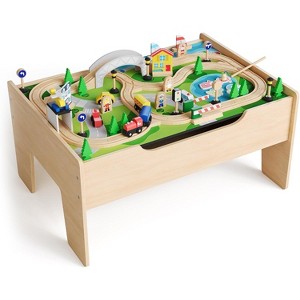 78Piece Train Table, Multipurpose Wooden Toy Activity Playset for Children w/Tracks and Storage, Reversible Top - Natural - 1 of 4