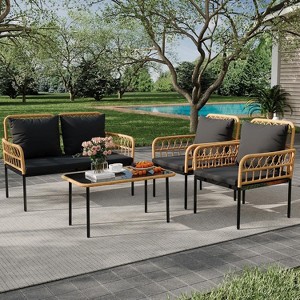 homfan 4-Piece Patio Furniture Set, Outdoor Wicker Rattan Chairs with Glass Table, Outside Bistro Set with Removable Cushions - 1 of 4