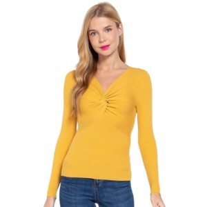 Slickblue Women's V-Neck Twisted Front Sweater, Long Sleeve Soft Knit Top, Honey Mustard, Size S-L - 1 of 4
