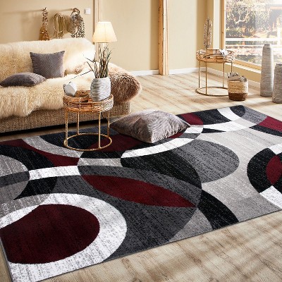 Red and Gray Geometric Circles 6' x 9' Synthetic Area Rug