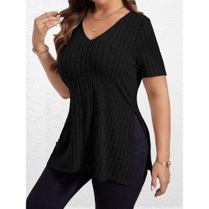 Clearlove Womens Plus Size Tops V Neck Short Sleeve Shirts Split Hem Color Summer Casual Blouses Pullover Fitted Tops Textured - 1 of 4