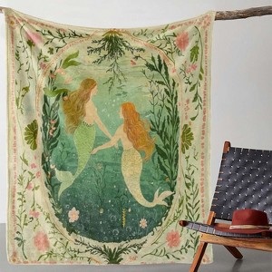 Enchanted Mermaid Fantasy Print Flannel Blanket, Whimsical Aquatic Design with Pink Flowers and Green Foliage, Christmas Gift. - 1 of 4