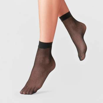 Women's Fishnet & 20D Sheer 2pk Anklet Socks - A New Day™ Black One Size Fits Most