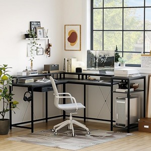 Nasitip 68" L-Shaped Gaming Desk with LED Lights, Monitor Stand, Power Outlets & File Drawer, Grey Oak Home Office Computer Desk - 1 of 4