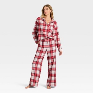 Women's Flannel Long Sleeve Button Down Shirt and Pants Pajama Set - Auden™ - 1 of 3