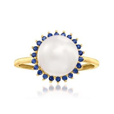 Ross-Simons 9-9.5mm Cultured Pearl and .20 ct. t.w. Sapphire Halo Ring in 14kt Yellow Gold