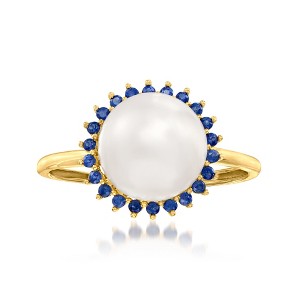 Ross-Simons 9-9.5mm Cultured Pearl and .20 ct. t.w. Sapphire Halo Ring in 14kt Yellow Gold - 1 of 4