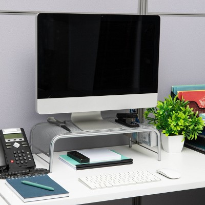 Silver Metal Mesh Monitor Stand with Side Storage