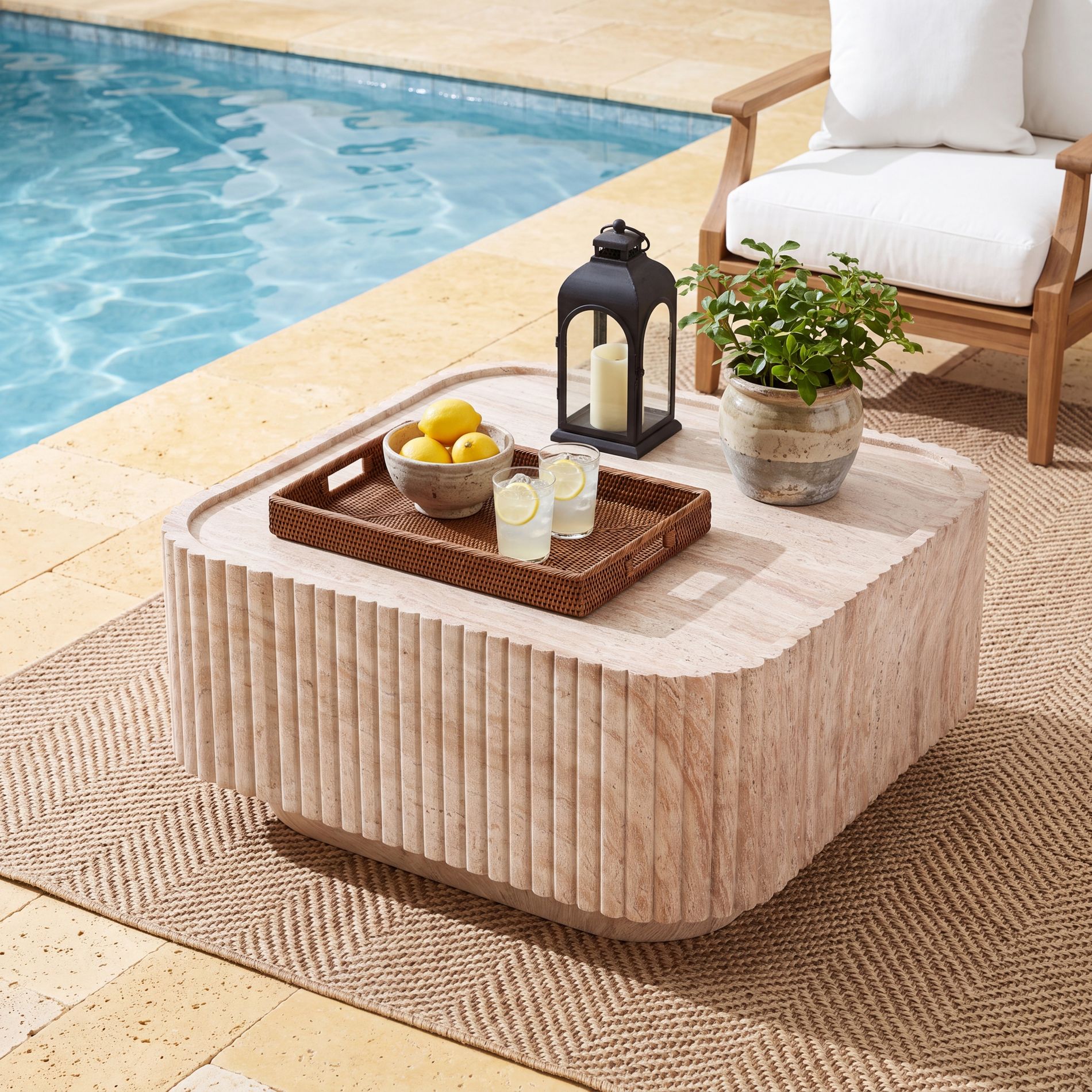 Christopher Knight Home Mare Modern Lightweight Concrete Outdoor Square Coffee Table with Marble Pattern, Travertine