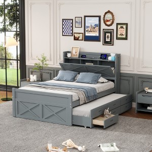 XIYUYEU Twin/Full Size Platform Bed Frame with Twin Size Trundle and 3 Drawers,Storage Headboard with USB Outlets,No Box Spring Needed,Easy Assembly - 1 of 4