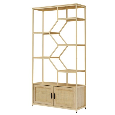 Fontoi Decorative Bookshelf, 7-Tier Bookshelf with Cabinet and Door, Rattan Display Storage, Storage Rack for Home Office, Brown, 39.4"*13.8"*75.6"