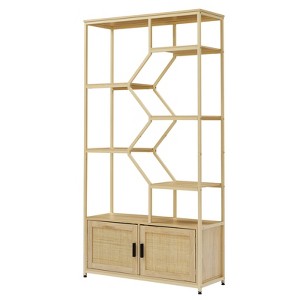 Fontoi Decorative Bookshelf, 7-Tier Bookshelf with Cabinet and Door, Rattan Display Storage, Storage Rack for Home Office, Brown, 39.4"*13.8"*75.6" - 1 of 4