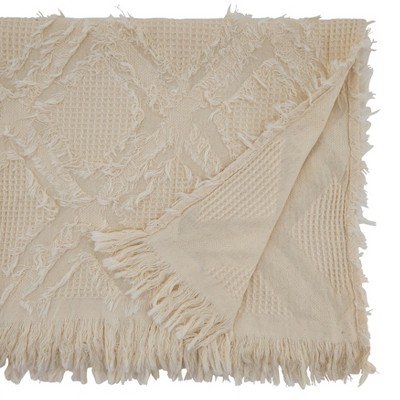 Ivory Cotton Fringe Waffle Weave Table Runner, 16" x 72"