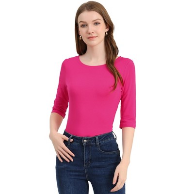 Allegra K Women's Weekend Classic Solid Elbow Sleeves Round Neck Slim Fit  Tee Rose Red Large : Target