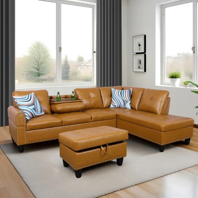 GlasFlength Sectional Sofas with Ottoman, Modern Large Modular Sectional Couch for Living Room, L Shape Upholstered Couch, Orange Leather, Length