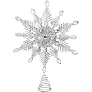 4E's Novelty 12" Silver Glitter Snowflake Tree Topper- Luxurious Metal Christmas Star Ornament with Crystal Accents, Holiday Snowflake Tree Decoration - 1 of 4
