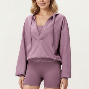 Anna-Kaci Active Women's Waffle Knit Long Sleeve Active Hoodie Top with Deep V-Neckline Fit and Stretch Texture - 1 of 4