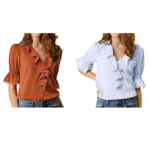 Allegra K Women's Ruffle V Neck Puff Sleeve Summer Casual Chiffon Peasant Top 2 Packs - 1 of 4
