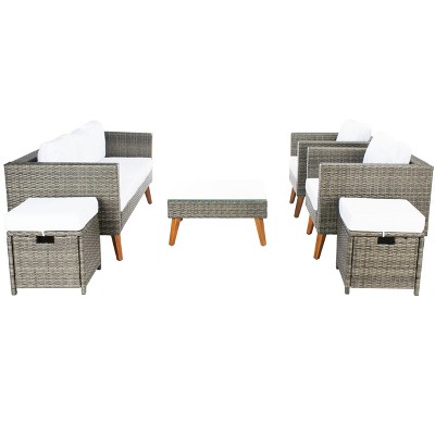 Presla 6-Piece Gray Brown Wicker Patio Set with White Cushions