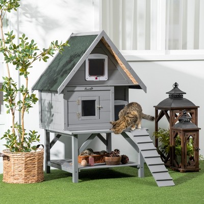 Gray Wooden 3-Story Outdoor Cat House with Weatherproof Roof