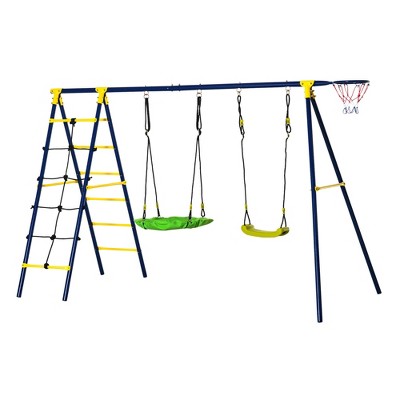 Outsunny Kids Metal Swing Set for Backyard, Outdoor Play Equipment, with Saucer Swing Adjustable Swing Seat, Basket Hoop, Climb Ladder, Net, A-Frame Metal Stand, for 3-10 Years Old, Green