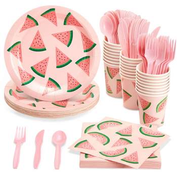 Juvale 144 Piece Watermelon Party Supplies with Plates, Napkins, Cups, Cutlery, One In A Melon Party Decorations for Birthday, Baby Shower, Serves 24