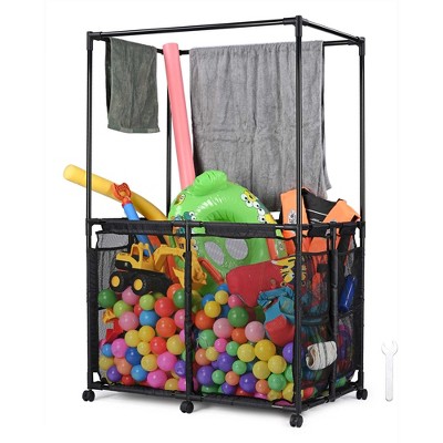 Yescom Metal Frame 6 Wheels Rolling Double Decker Mesh Pool Storage Bin Large Outdoor Pool Floats Storage with Towel Drying Bar, 36"x 24"x 57", Black