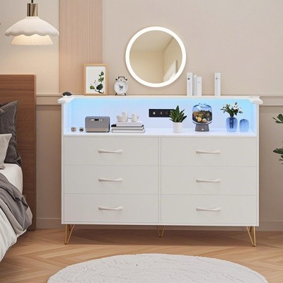 Jojoka Dresser for Bedroom with Charging Station and LED Lights, Storage Organizer with 6 Drawers Wooden