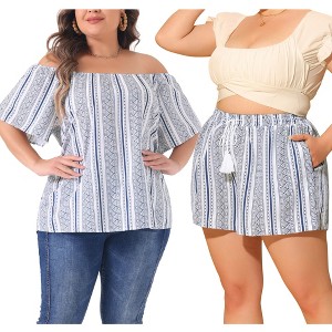 Agnes Orinda Women's Plus Size 2 Pieces Boho Off Shoulder Print Holiday Blouse Beach Pocket Casual Shorts Top and Bottom Sets - 1 of 4