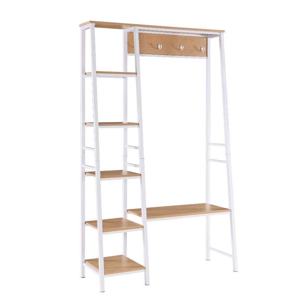 Austin Industrial 4 Hooks 5 Shelves and a Bench Hall Tree White/Natural - Linon: Entryway Organizer, Coat Stand