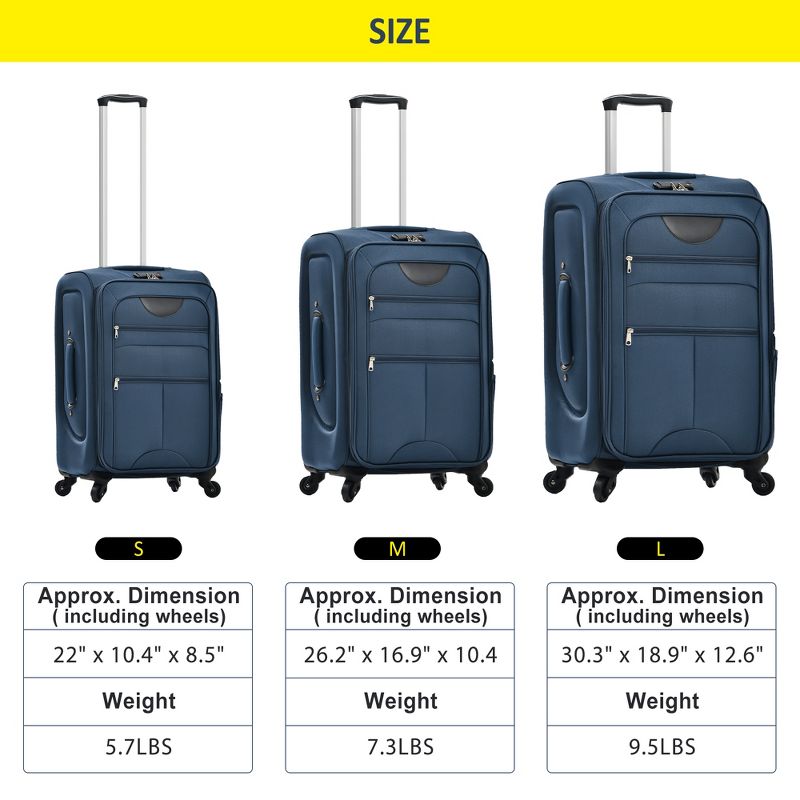 3 PCS Expandable Luggage Set, Softside Lightweight Spinner Suitcase with TSA Lock-ModernLuxe, 3 of 14