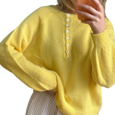 Coolmee Women's Sweaters Button Crew Neck Solid Casual Sweaters Fall Long Sleeve Henley Shirts Fashion Loose Knit Pullover Tops S Yellow