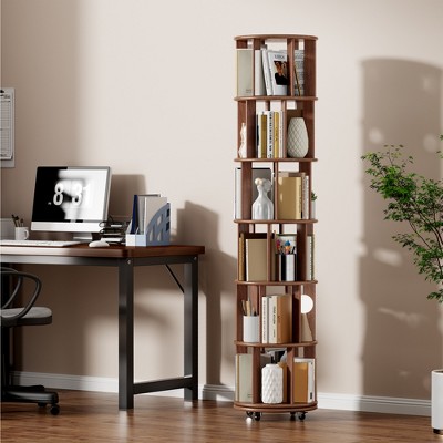 YONWAY 4 Tier Solid Wood Rotating Bookshelf on Wheels, Round Revolving Storage Shelf, 360° Spinning Book Shelf Tower for Corner, Small Spaces, Office