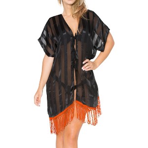 LA LEELA Women's Summer Open Front Vacation Beachwear Short Bathing Suit Maternity Duster Holiday Swimwear Cover up Cardigan XL-XXL Black, Solid - 1 of 3