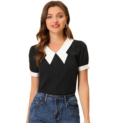 Allegra K Women's Bow Tie Contrast Color Textured Short Sleeve Top
