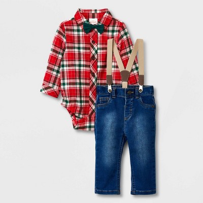 Image of Baby Boys' Holiday Plaid Suspender Top & Bottom Set - Cat & Jack™ Red 0-3M