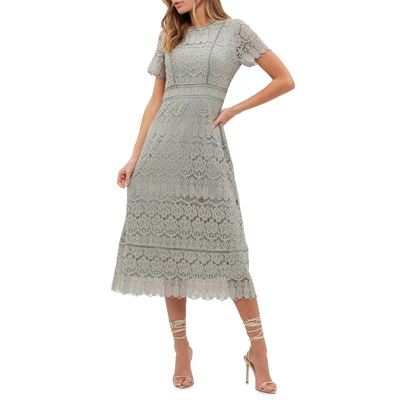 August Sky Women's Scalloped Floral Lace Overlay Midi Dress, 1 of 5
