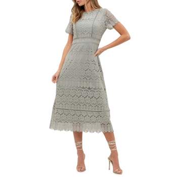 August Sky Women's Scalloped Floral Lace Overlay Midi Dress