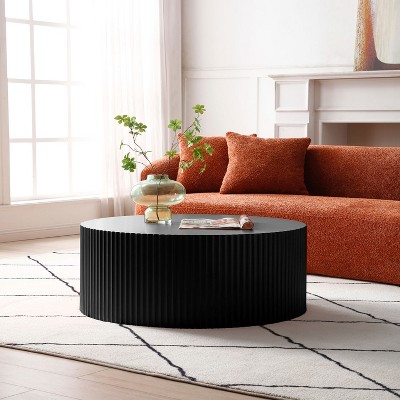 VYNXARIA Modern Round Coffee Table with Eye-Catching Relief Design - Sleek Black Finish